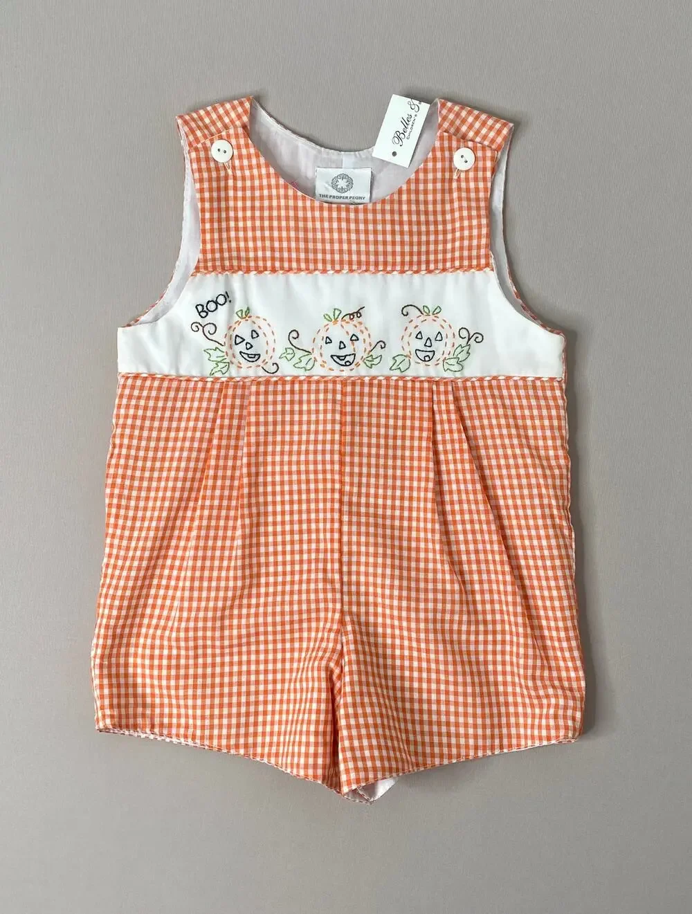 NWT The Proper Peony Boys 24 Mo Orange Gingham Jack O'Lantern Jon Jon Romper
